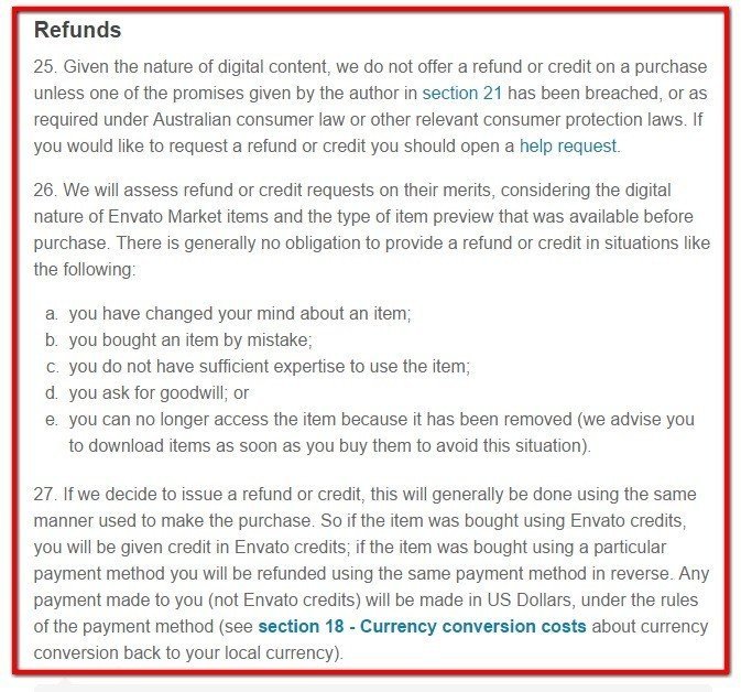 Envato Market, Themeforest: Refunds section (25 to 27)
